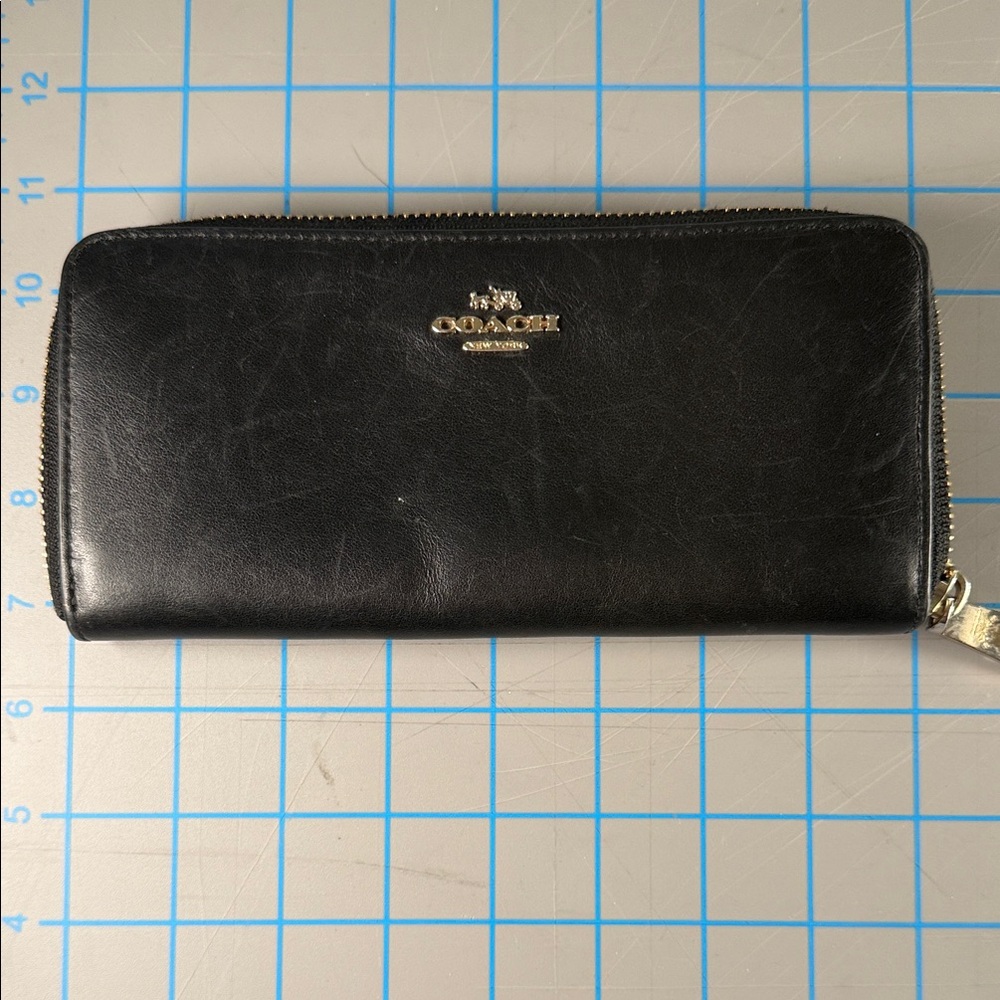 Coach Black Leather Zip Wallet with Gold Accents